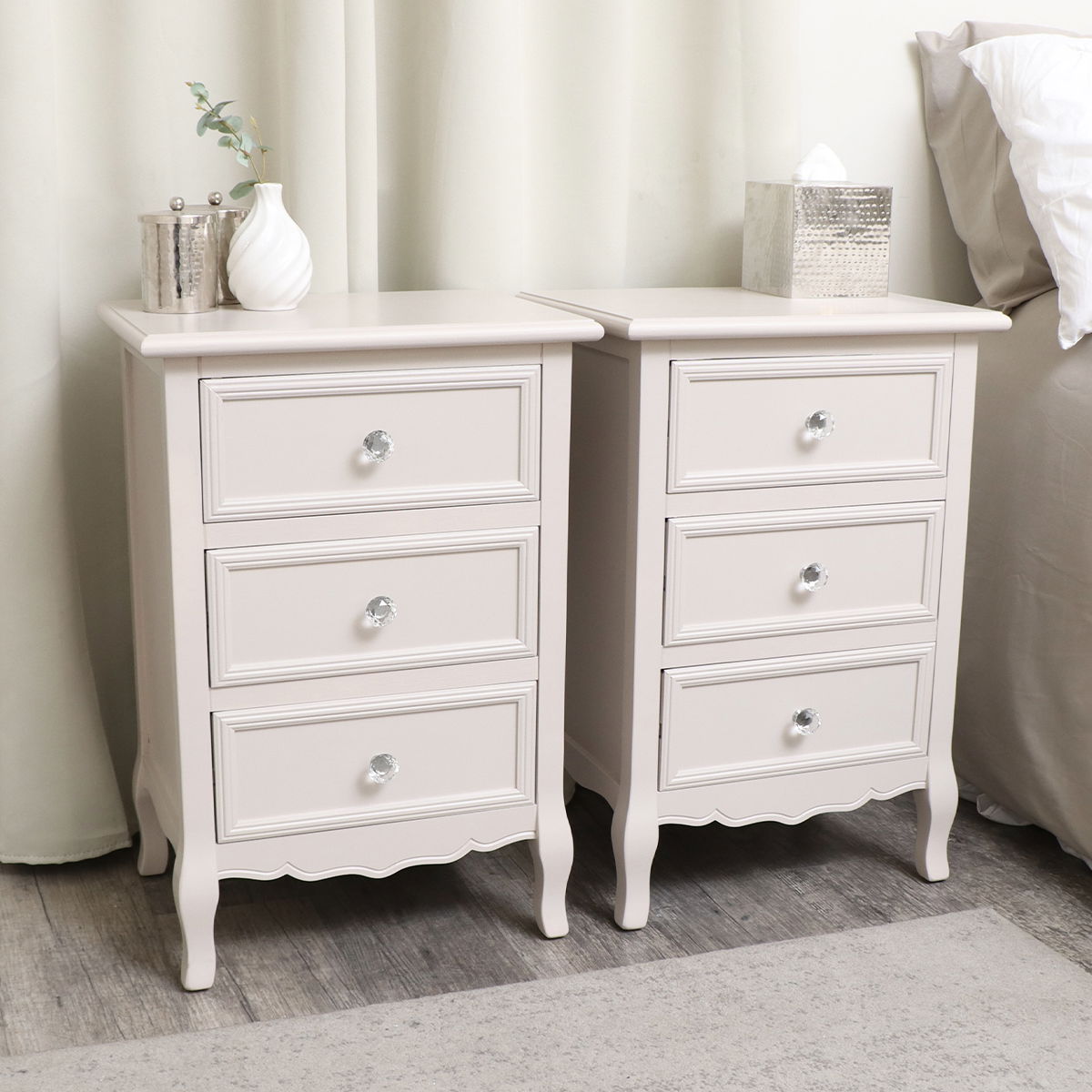 Pair of Taupe-Pink 3 Drawer Bedside Tables - Victoria Taupe-Pink Range - Seconds - Colour Mismatch