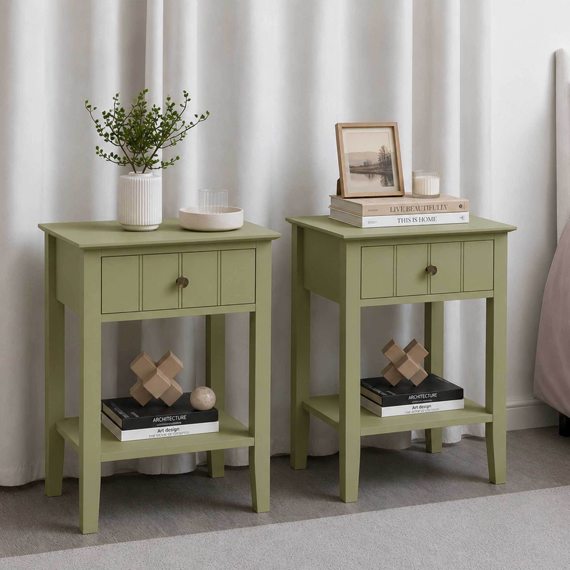 Pair Of Sage Green One Drawer Bedside Tables with Shelf - Padstowe Sage Green Range