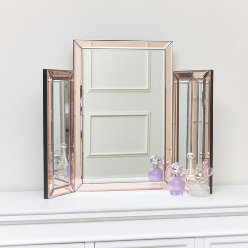 Pink Glass Art Deco Rectangle Triple Mirror 74cm x 55cm