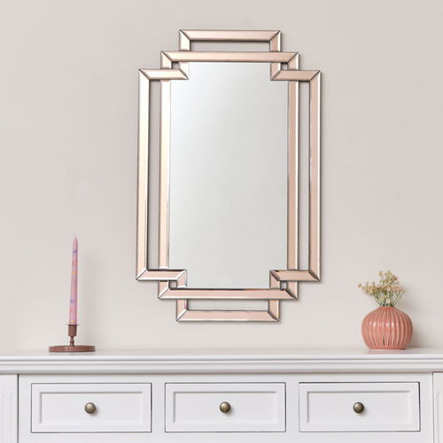 Pink Glass Art Deco Rectangle Wall Mirror - 80cm x 50cm