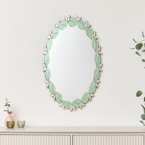 Pink & Green Oval Floral Art Deco Wall Mirror 80cm x 49cm