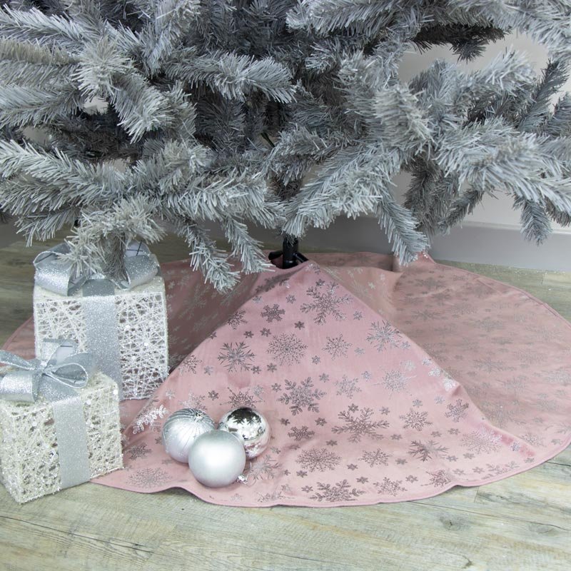 Pink Silver Snowflake Velvet Christmas Tree Skirt - 118cm