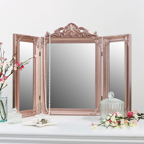 Rose Gold Pink Ornate Dressing Table Triple Mirror 