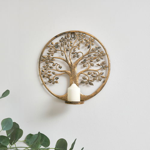 Round Antique Gold Tree of Life Candle Wall Sconce