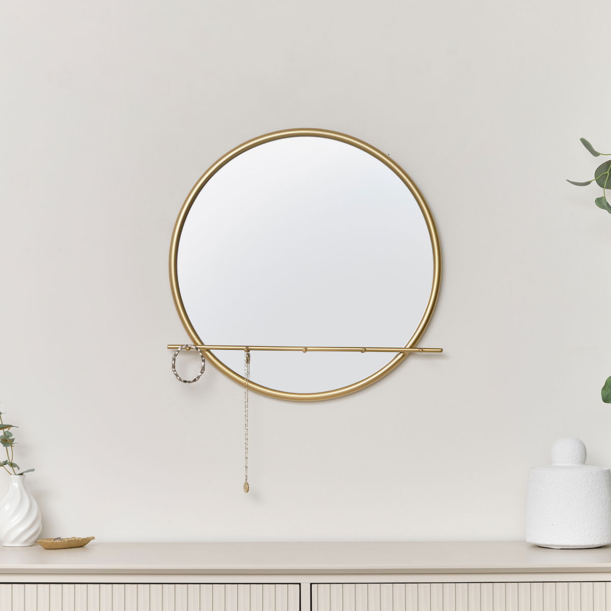 Round Gold Mirror With Jewellery Hooks - 50cm x 50cm