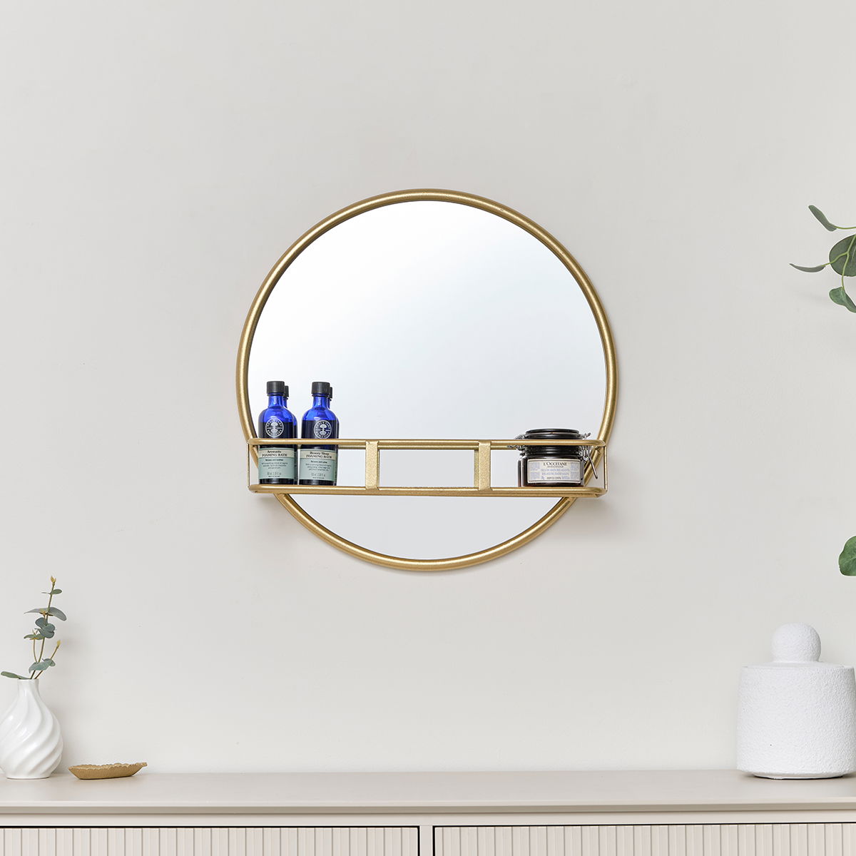 Round Gold Mirror With Shelf - 50cm x 50cm