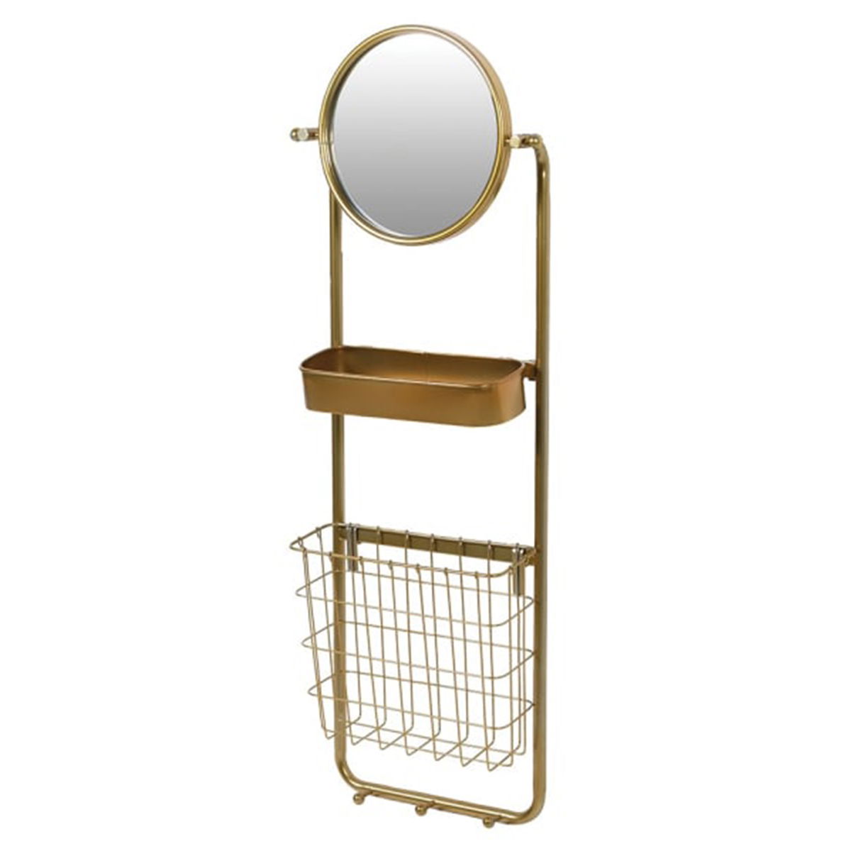 Round Gold Wall Mirror with Shelf and Wire Basket Storage