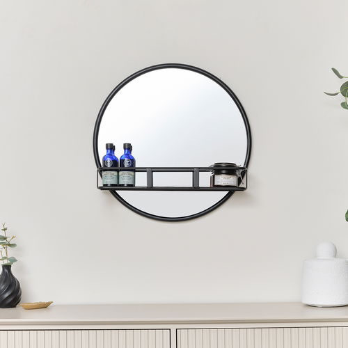 Round Matte Black Mirror With Shelf - 50cm x 50cm