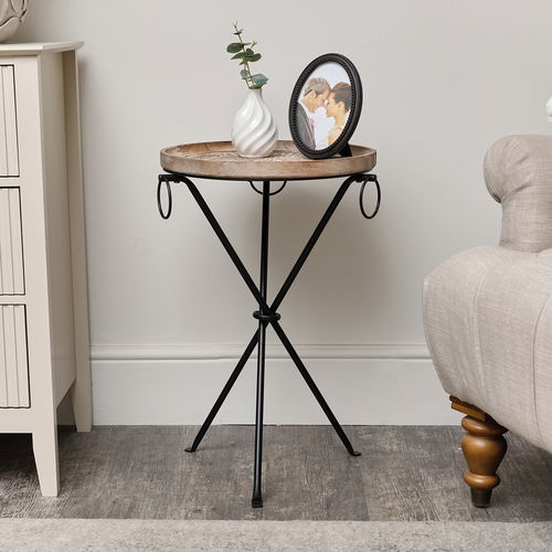 Round Wooden Pattern Tripod Side Table