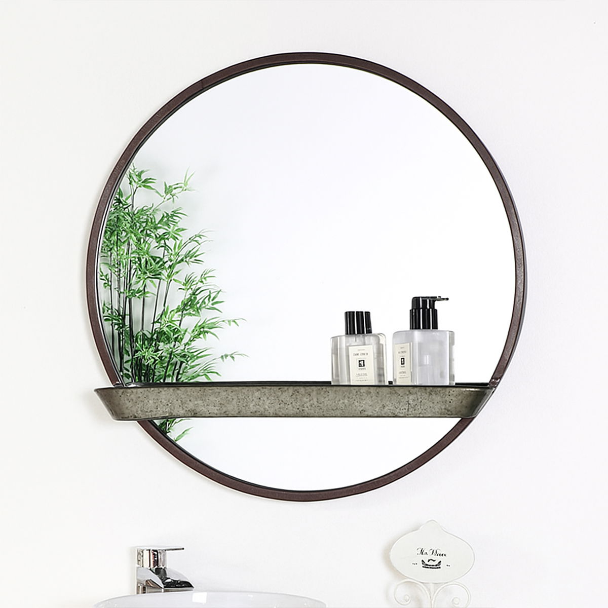 Rustic Industrial Round Mirror with Shelf 60cm x 60cm