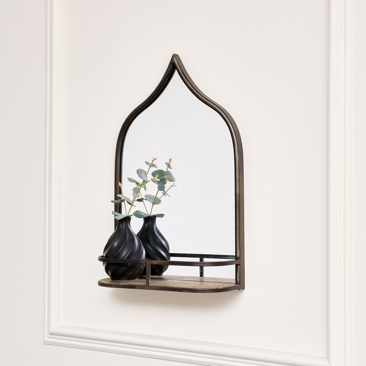 Rustic Metal Arched Mirrored With Gold Shelf - 48cm x 30cm