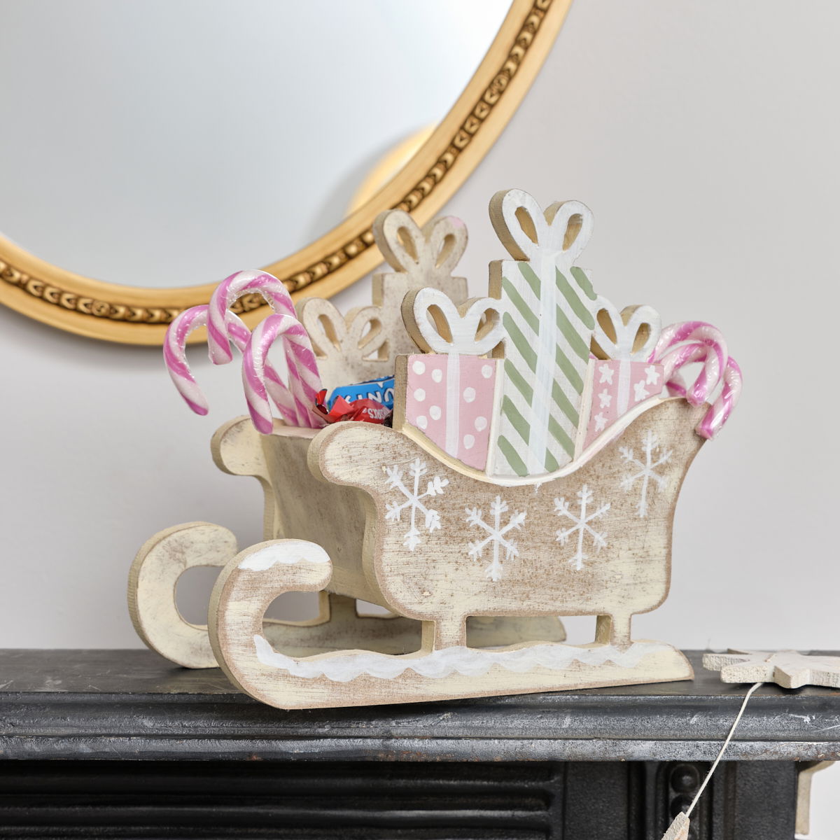 Rustic Wooden Green & Pink Christmas Sleigh Ornament