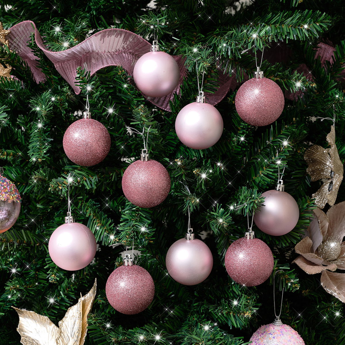 Set of 10 Mixed Pink Glitter Baubles