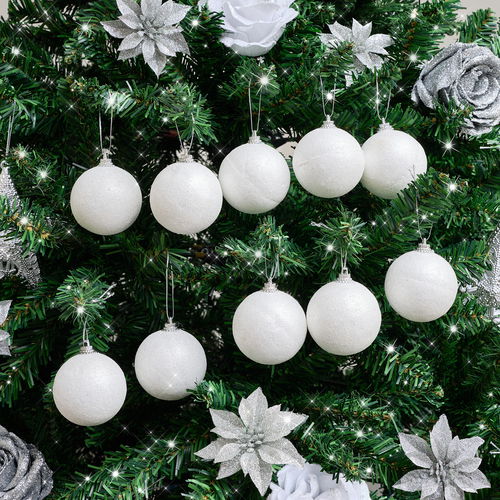 Set of 10 White Snowball Glitter Baubles