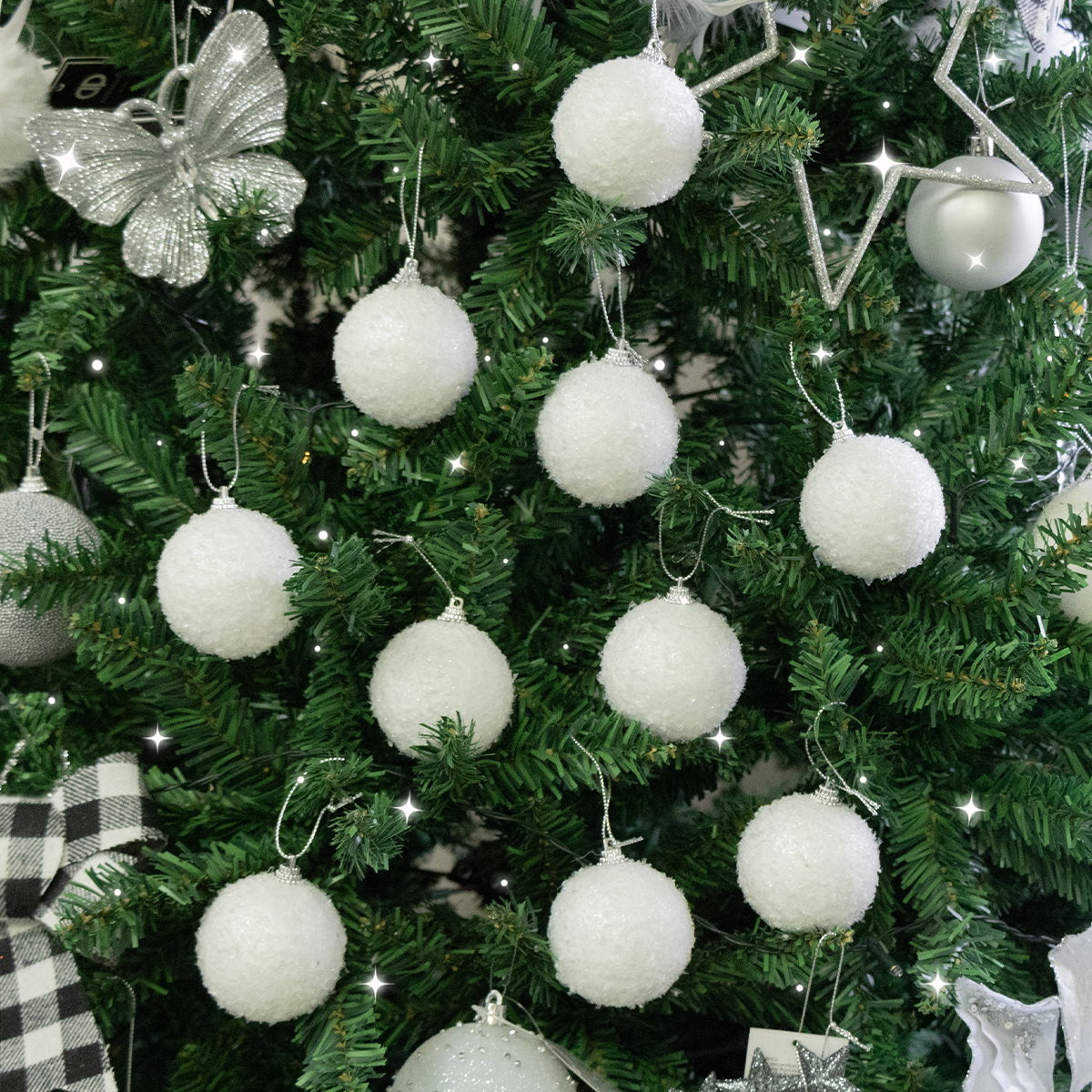 Set of 10 White Snowy Snowball Baubles