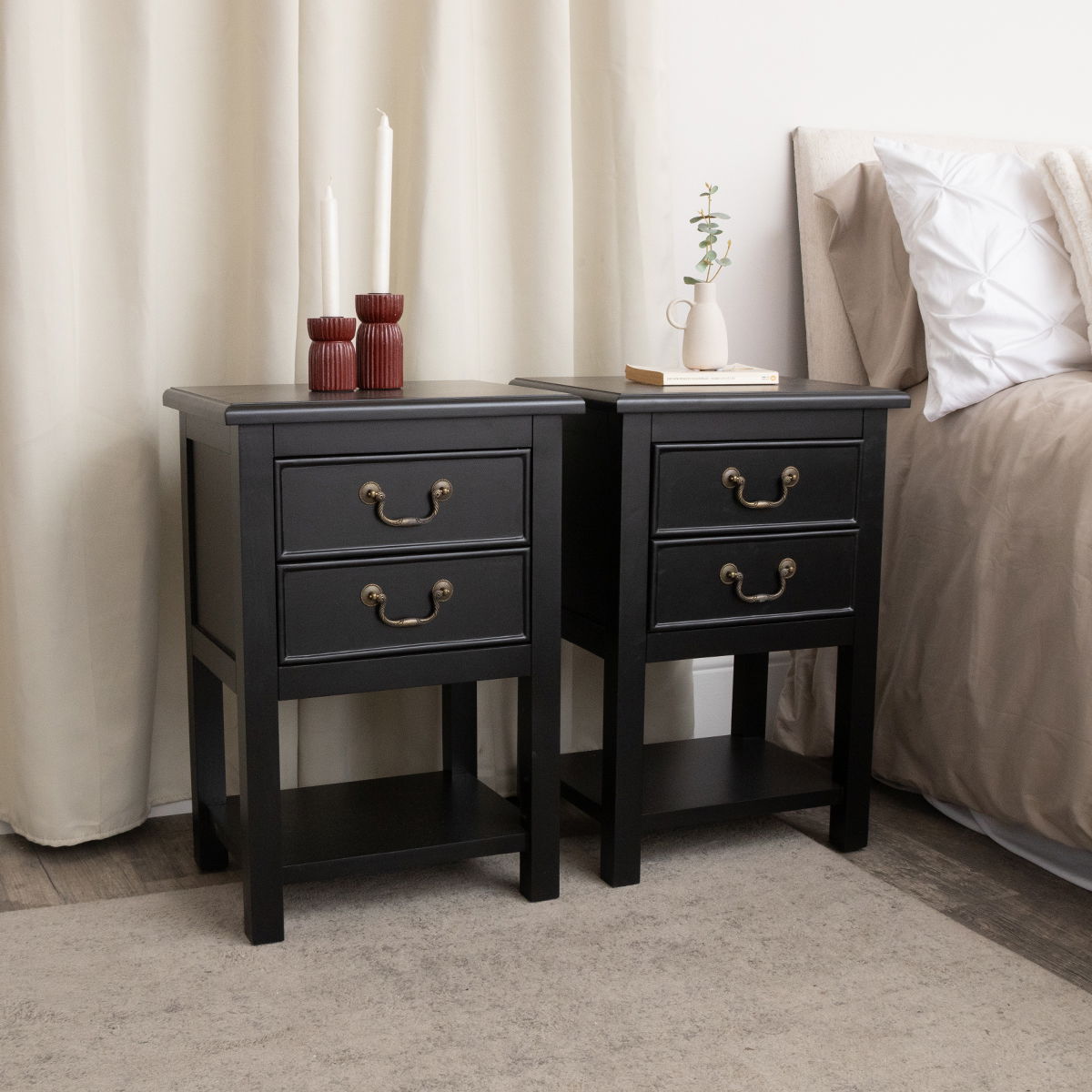 Set Of 2 Black 2 Drawer Bedside Tables with Shelf - Briggs Range