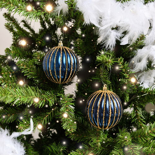Set of 2 Blue Glitter Striped Reeded Hanging Baubles - 8cm