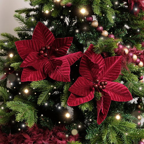 Set of 2 Dark Red Poinsettia Pick Decorations - 28cm
