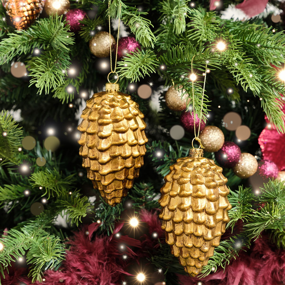 Set of 2 Gold Glitter Pine Cone Hanging Decoration 12cm