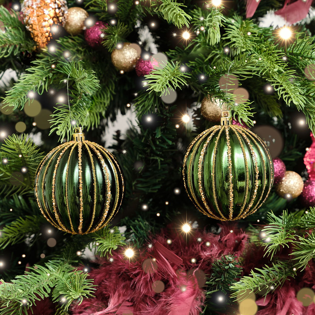 Set of 2 Green Glitter Striped Reeded Hanging Bauble Decoration - 8cm