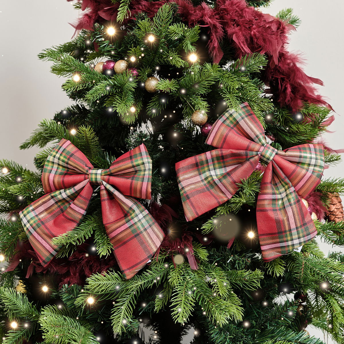 Set of 2 Green & Red Tartan Decorative Bow - 24cm