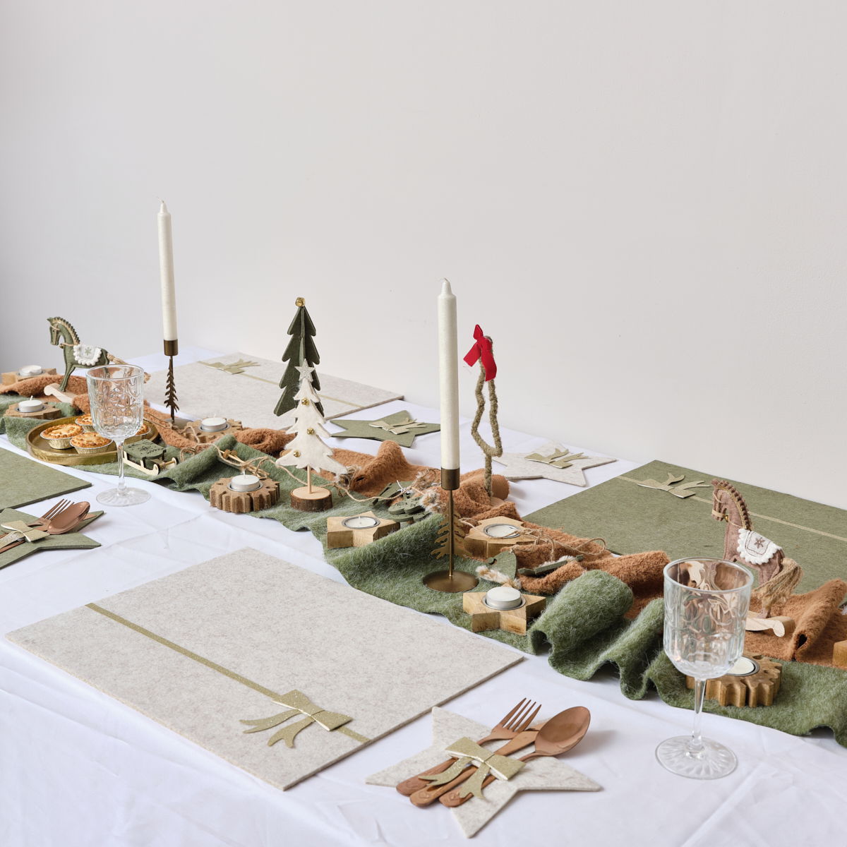 Set Of 2 Large Beige & Green Wool Table Runners - 140cm