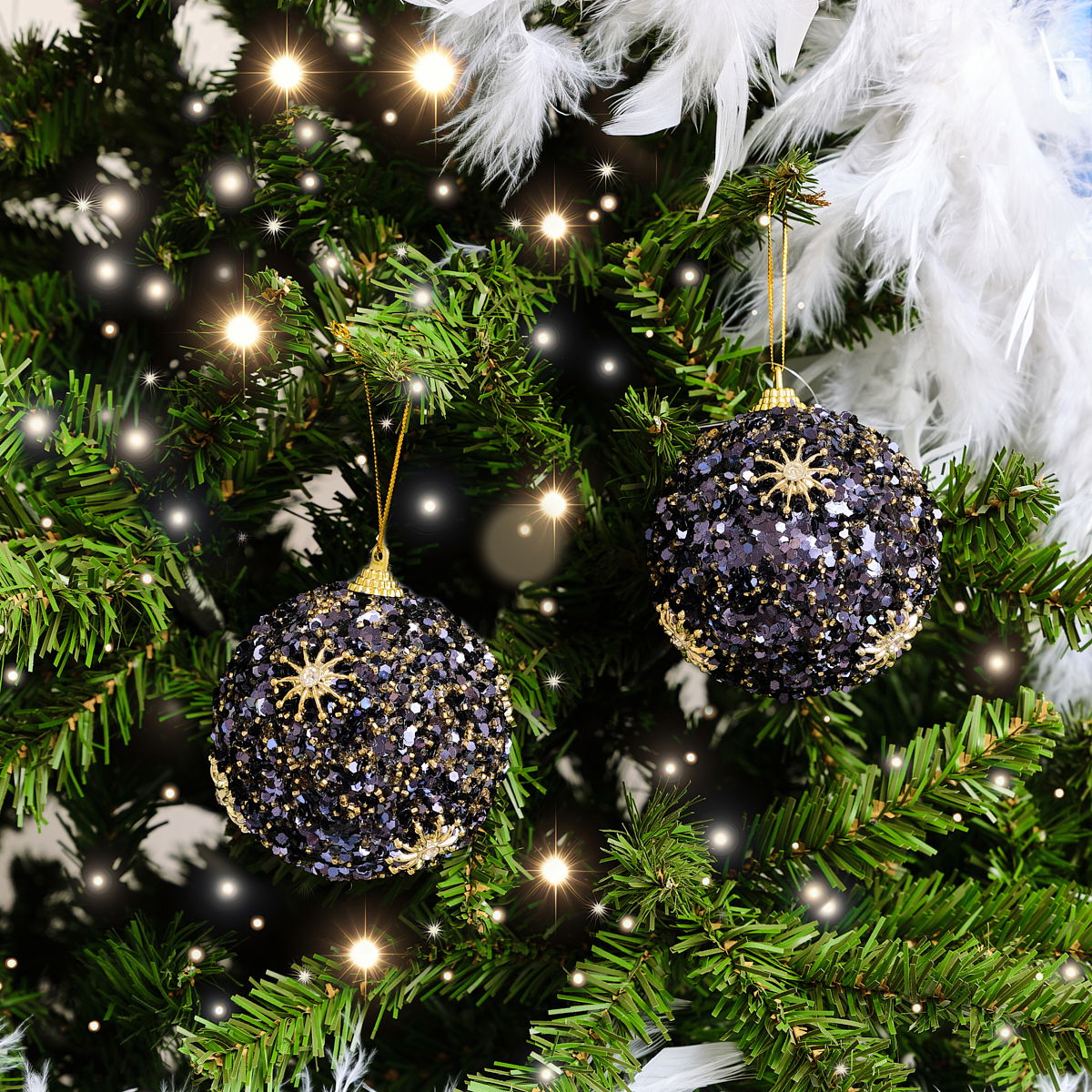 Set of 2 Navy Blue & Gold Sequin Star Detail Baubles - 8cm