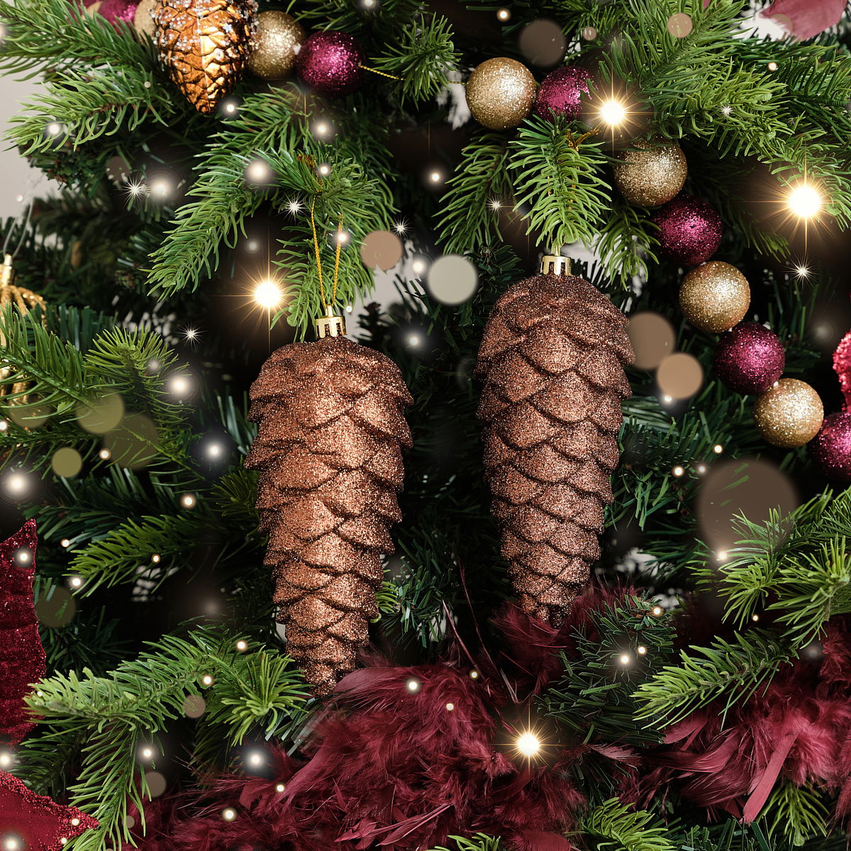 Set of 2 Tan Glittered Pinecone Bauble Decoration 12cm