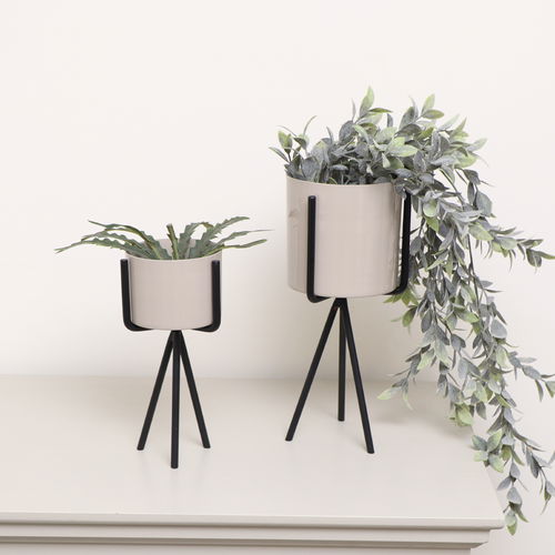 Set of 2 Taupe Metal Planter Pots with Stand