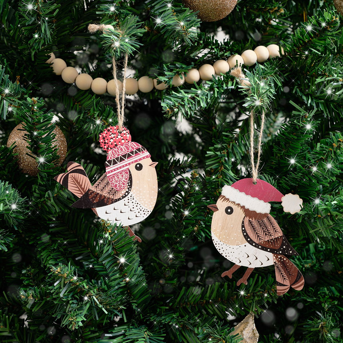 Set of 2 White & Rustic Wooden Robin Hanging Christmas Decorations