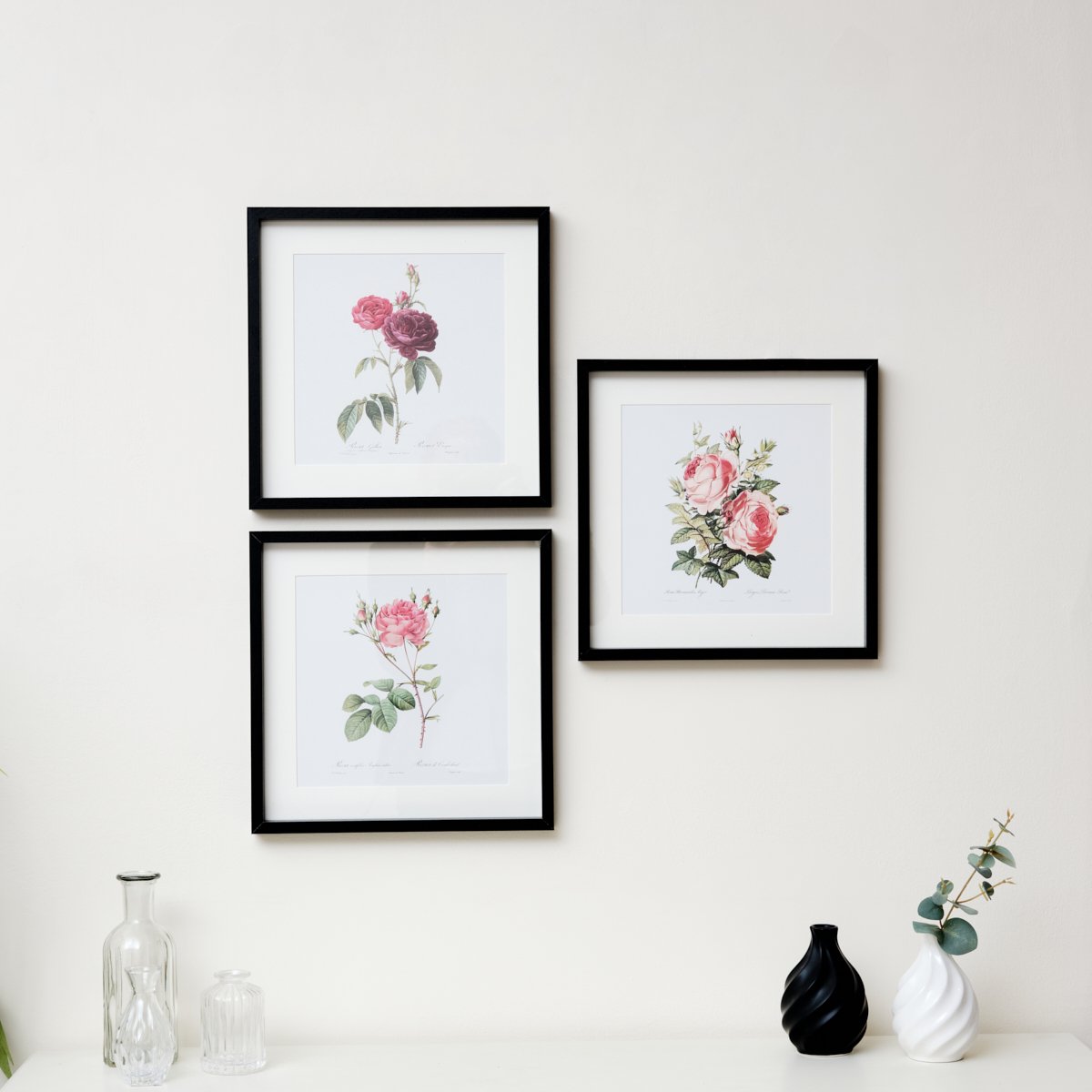 Set of 3 Black Framed Pink Rose Wall Prints