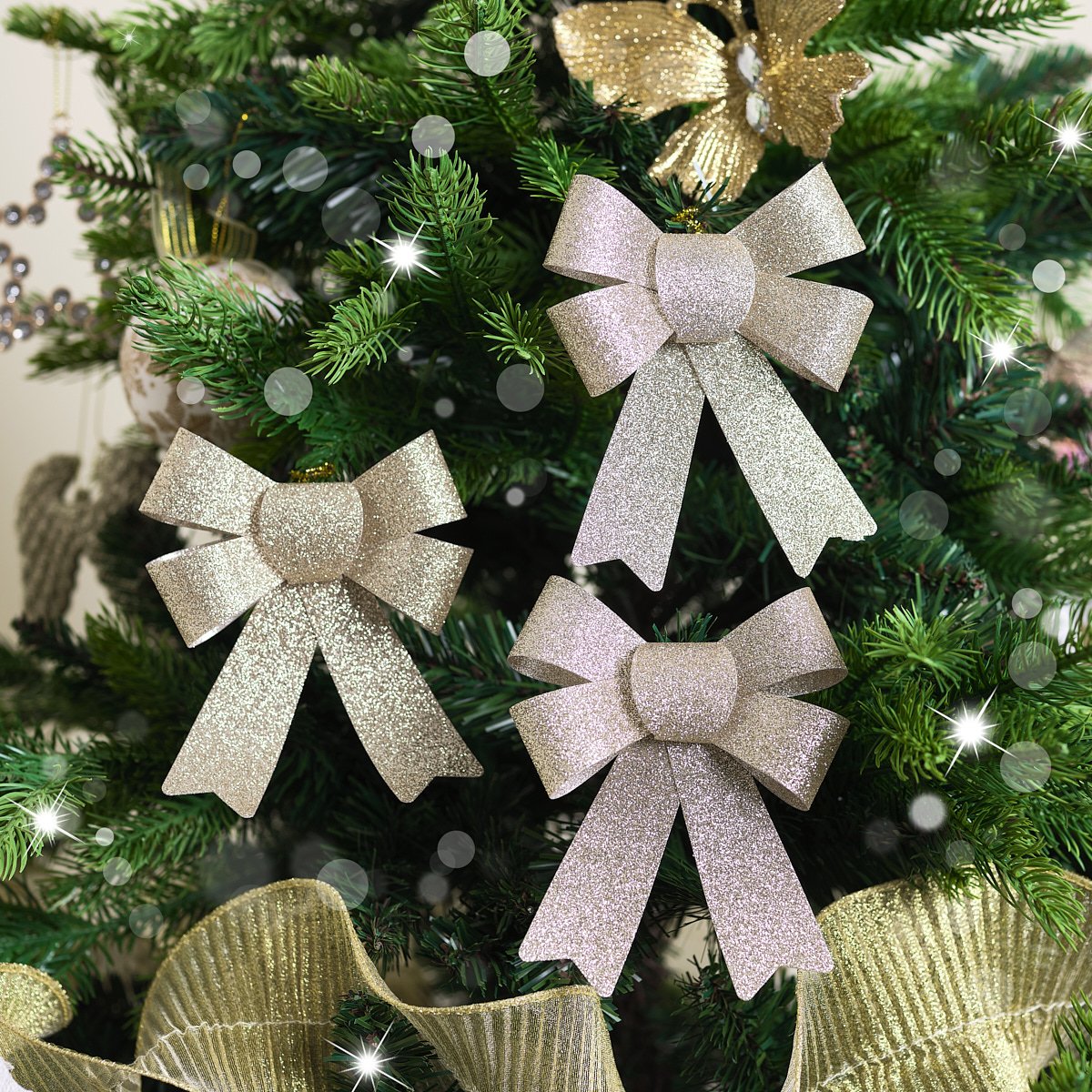 Set of 3 Champagne Gold Glitter Bow Christmas Decorations - 12cm