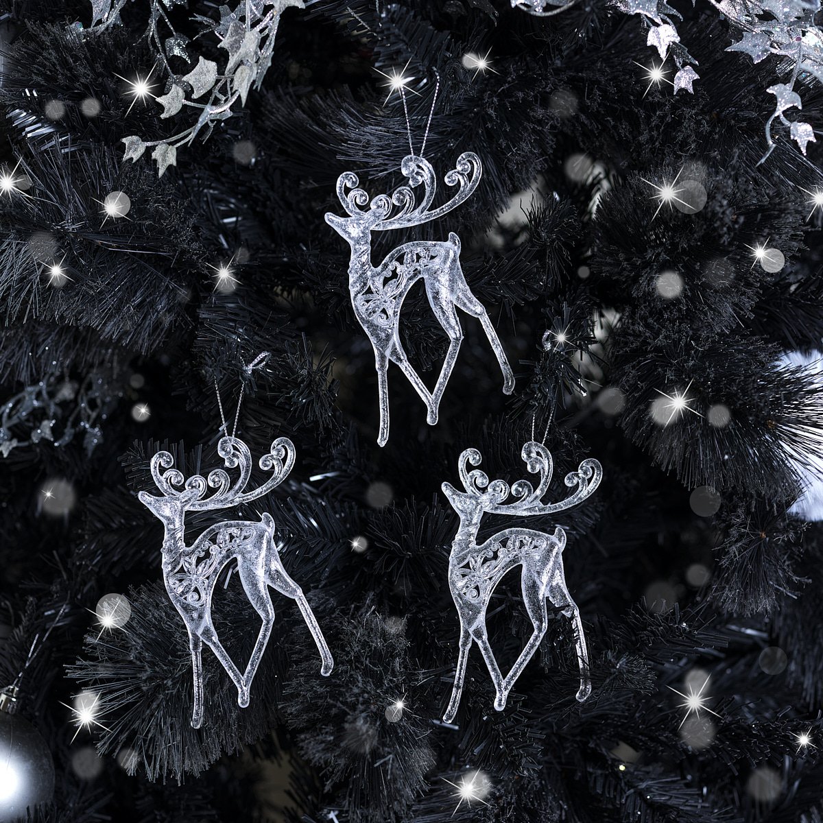 Set of 3 Clear Glitter Reindeer Hanging Christmas Decorations - 14cm