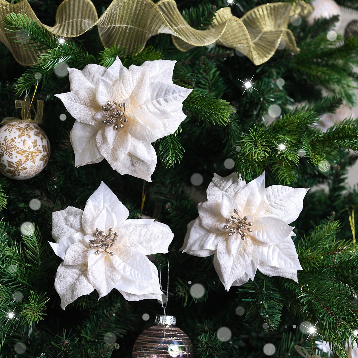 Set of 3 Cream Poinsettia Clip Christmas Decorations - 15cm