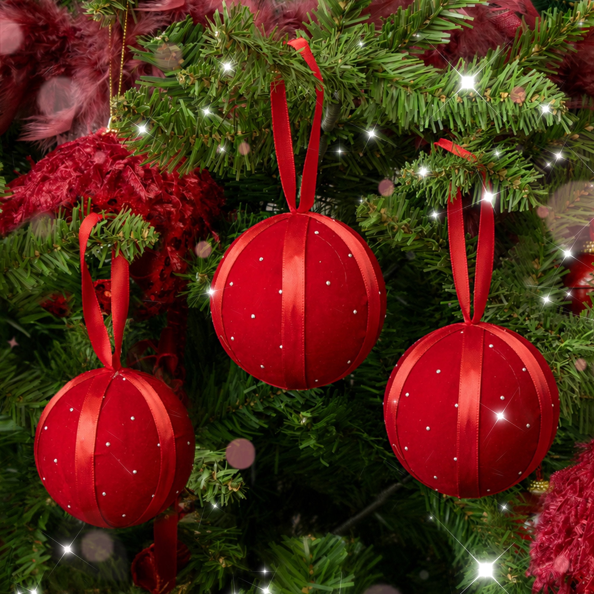 Set of 3 Dark Red Diamante & Ribbon Christmas Tree Baubles