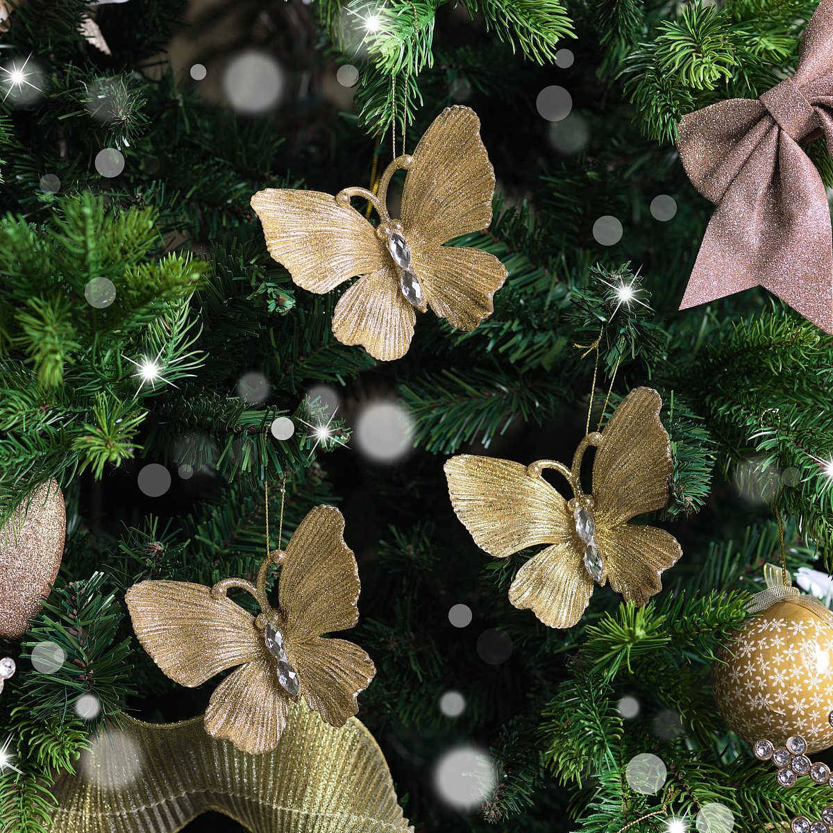 Set of 3 Gold Glitter Jewelled Butterfly Christmas Decorations - 10cm