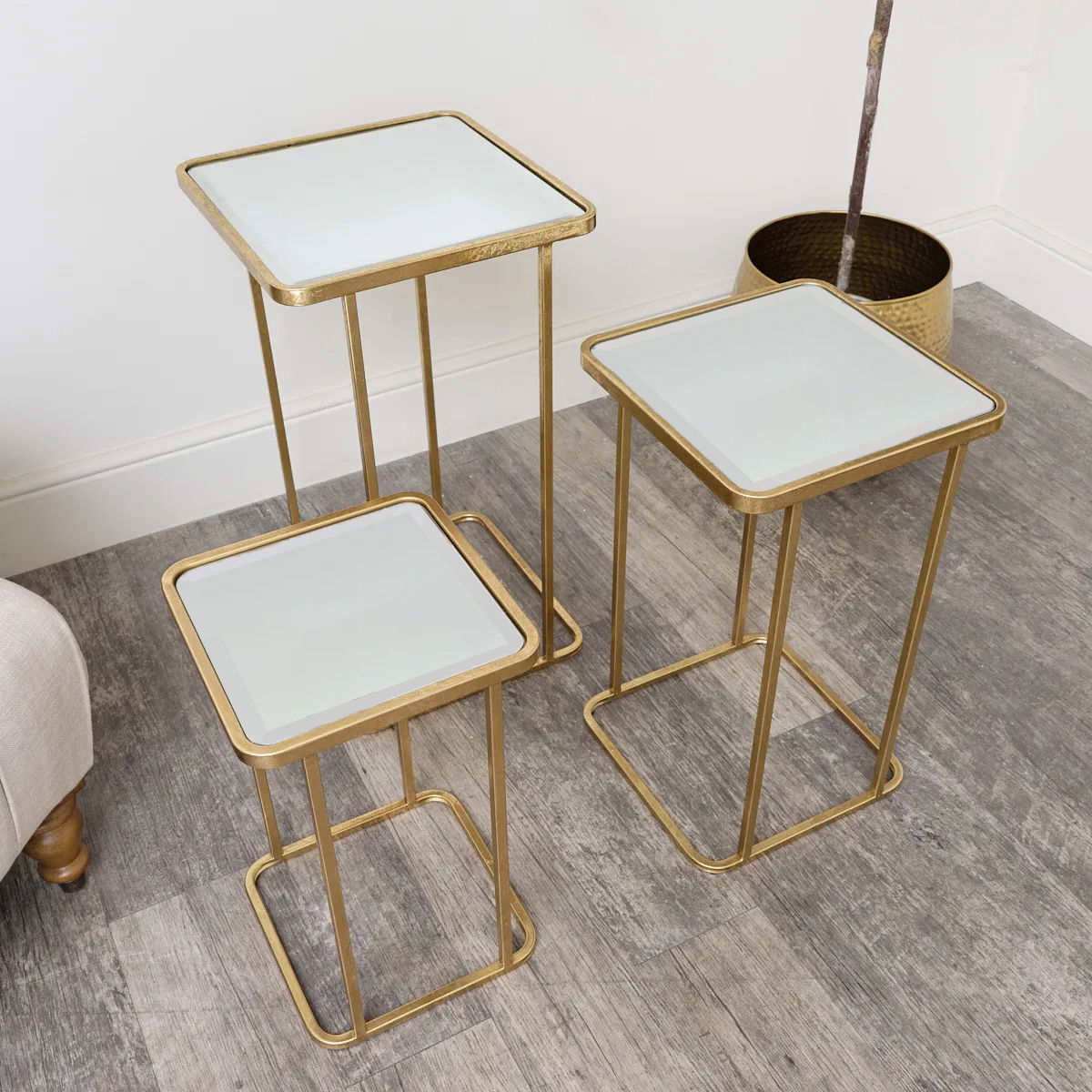 Set of 3 Gold Mirrored Square Side Tables