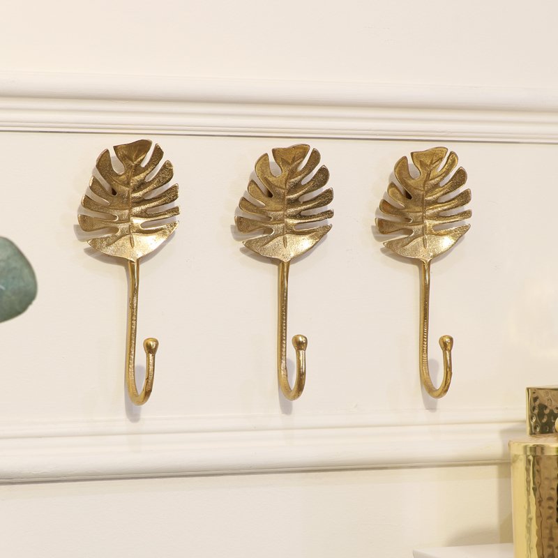 Set Of 3 Gold Monstera Leaf Wall Hooks