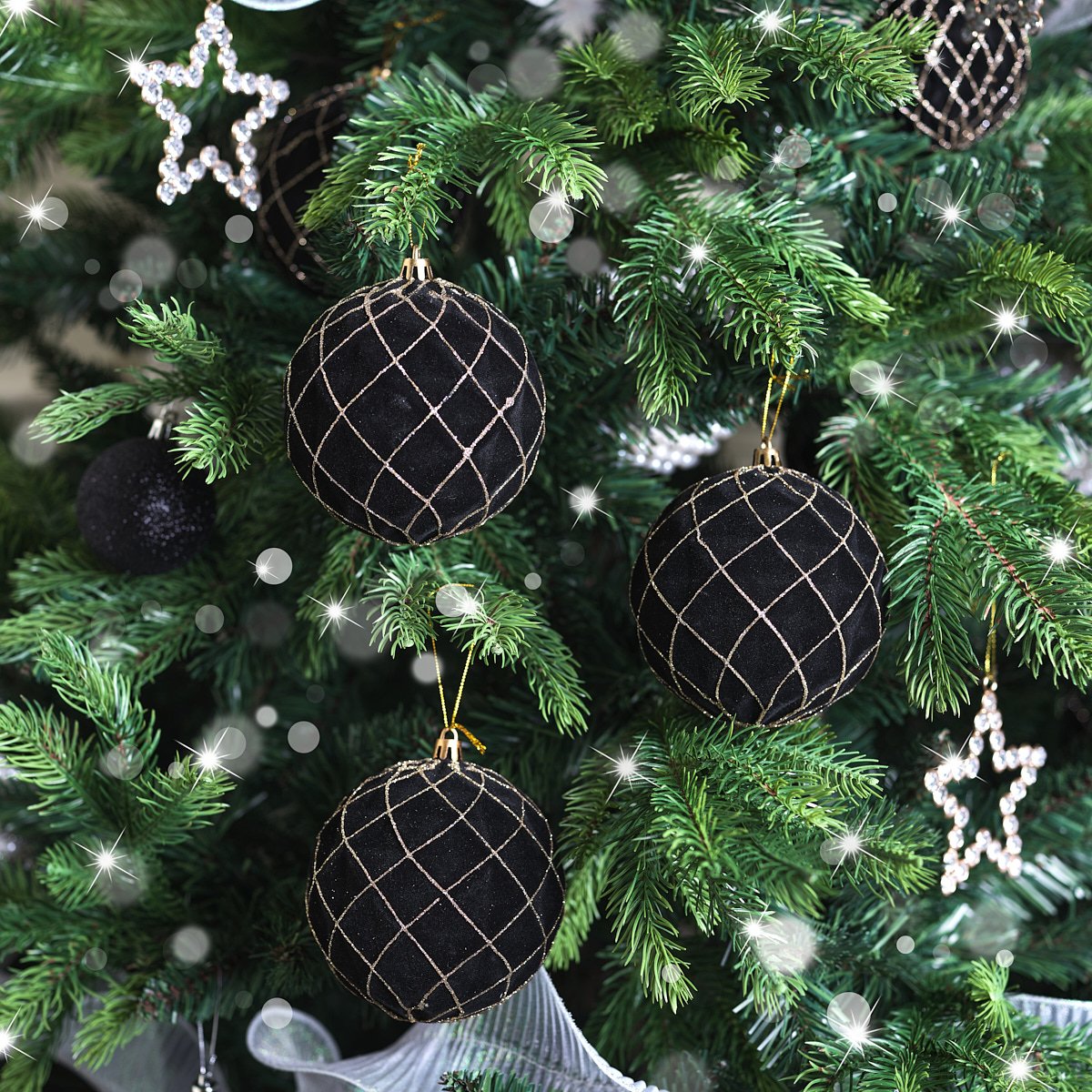 Set of 3 Large Round Black & Gold Christmas Tree Baubles - 10cm