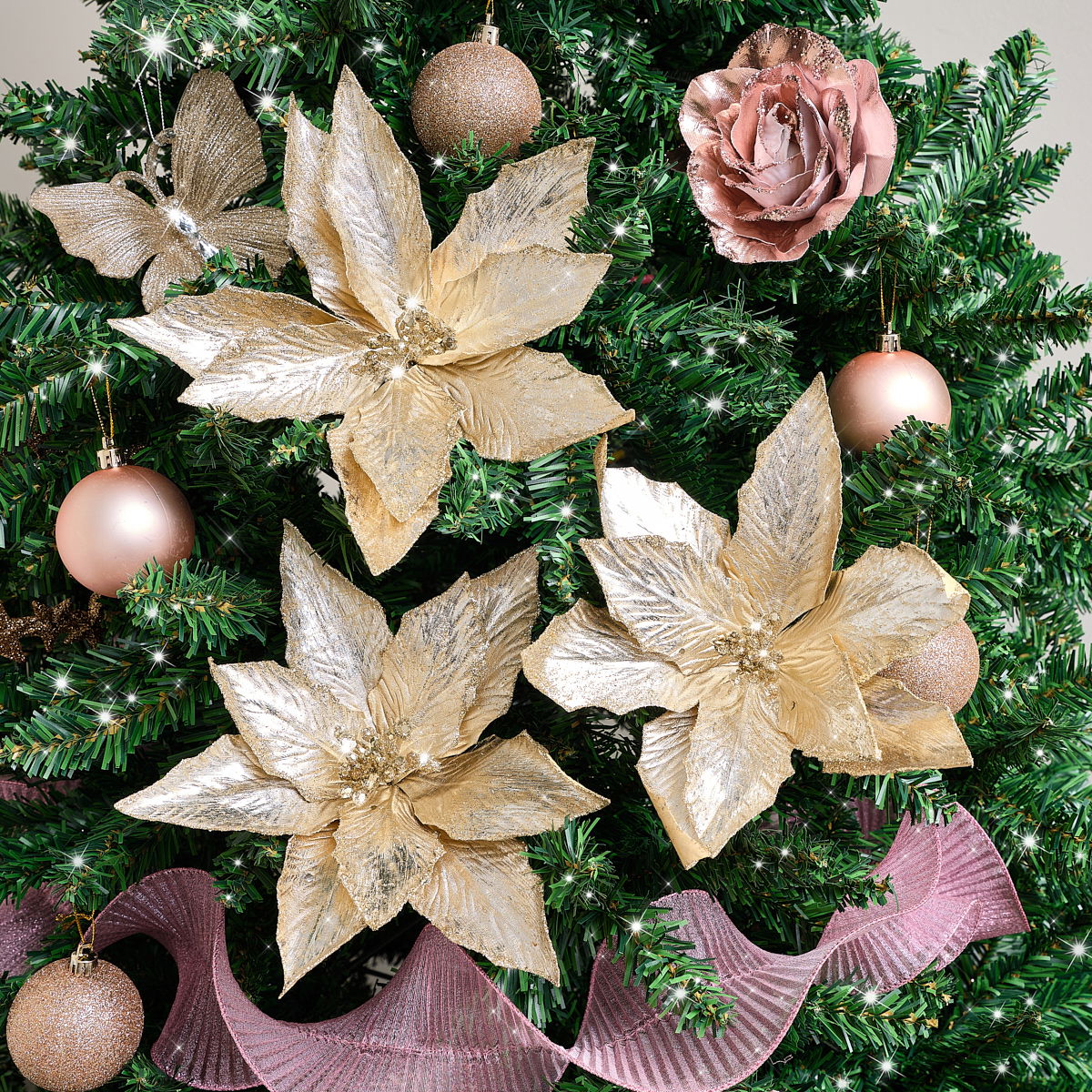 Set of 3 Metallic Champagne Gold Poinsettias Clip Christmas Decorations - 20cm