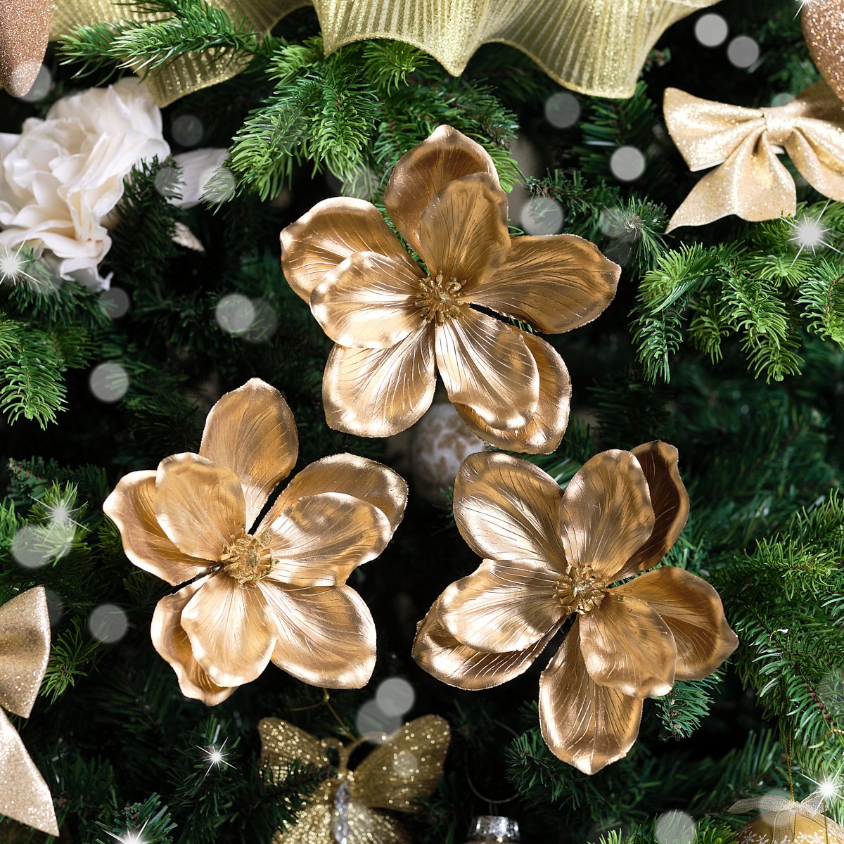 Set of 3 Metallic Gold Poinsettias Clip Christmas Decorations - 16cm