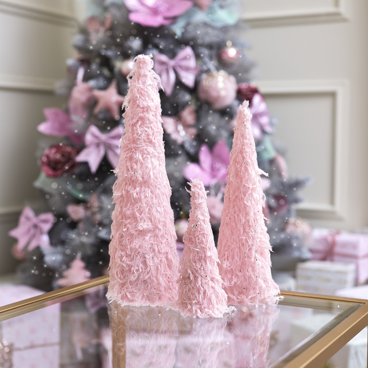 Set of 3 Pink Fur Sequin Christmas Cones - 41cm