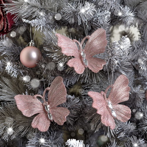 Set of 3 Pink Glitter Jewelled Butterfly Christmas Decorations - 10cm