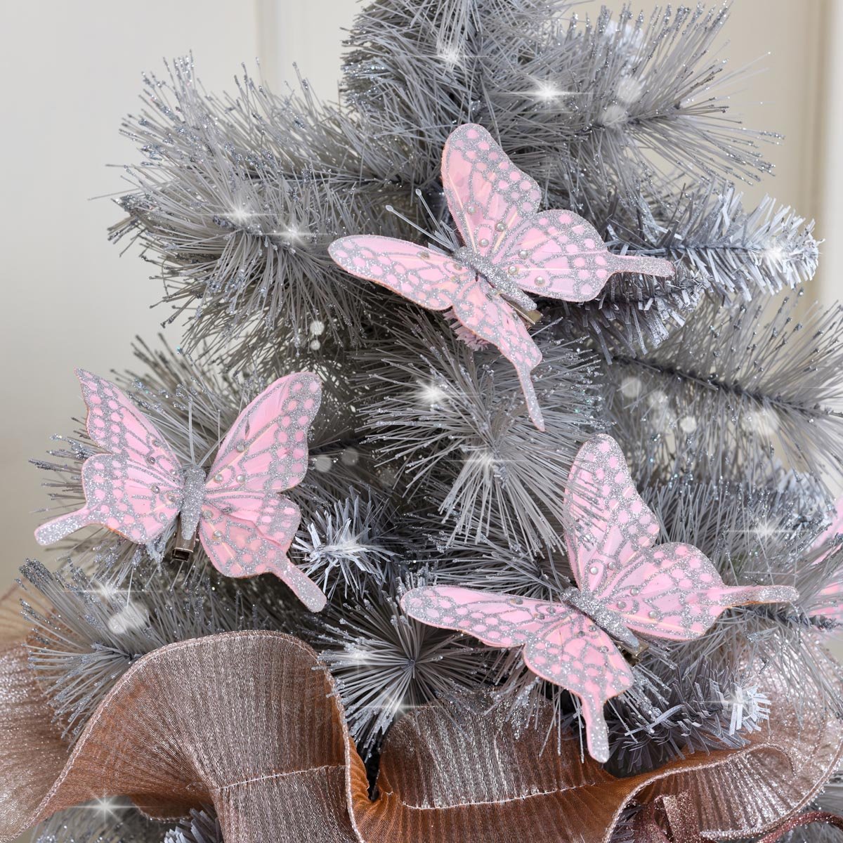 Set of 3 Pink & Silver Glitter Butterfly Clips - 11cm