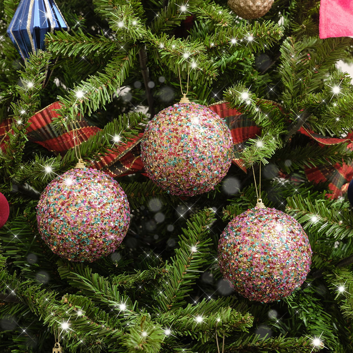 Set Of 3 Round Multicoloured Jewelled Baubles