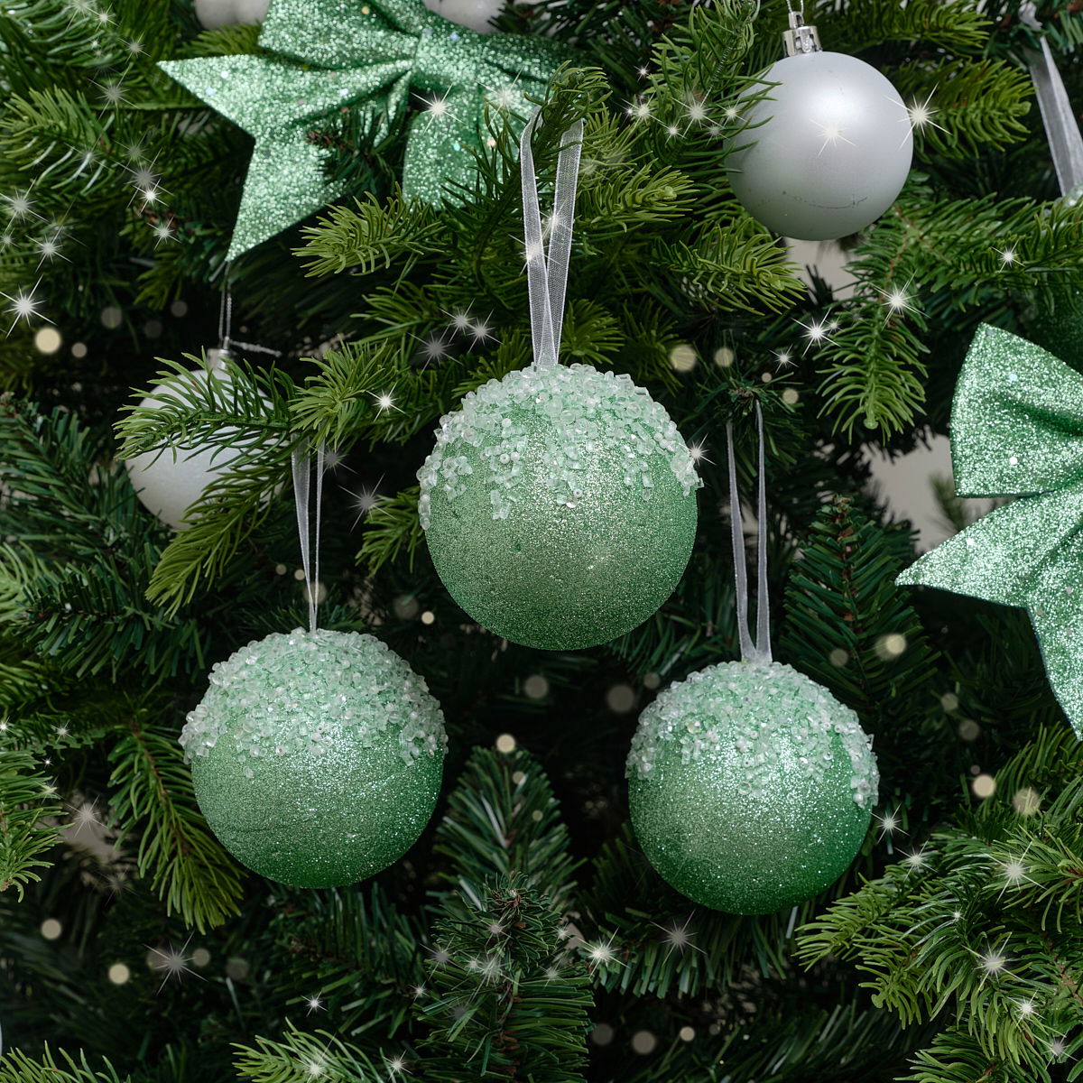 Set of 3 Round Sage Green Glitter Frosted Baubles