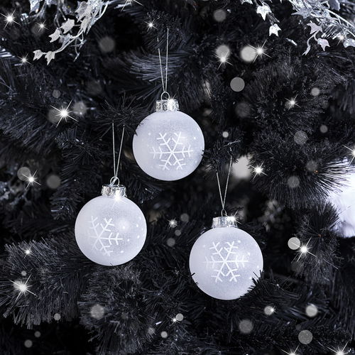 Set of 3 Round White Frosted Snowflake Christmas Baubles - 8cm