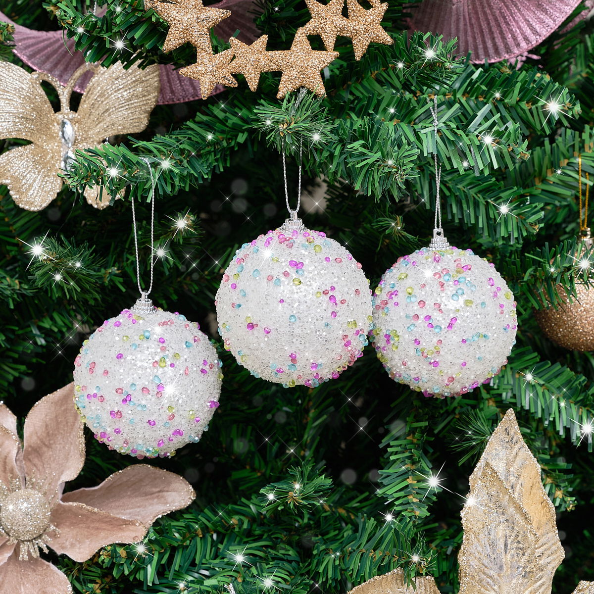 Set of 3 Round White & Multicoloured Sparkle Gem Christmas Baubles - 8cm 