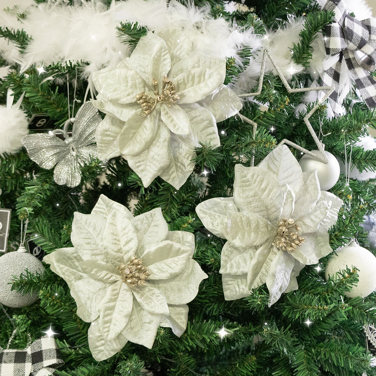 Set of 3 Silver Poinsettia With Clip Decorations