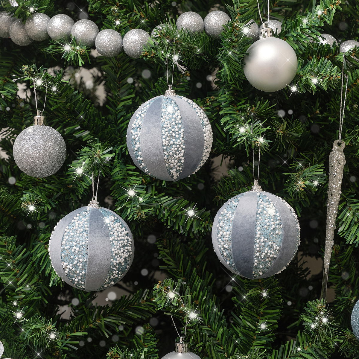 Set Of 3 Velvet Glitter Pale Blue Baubles